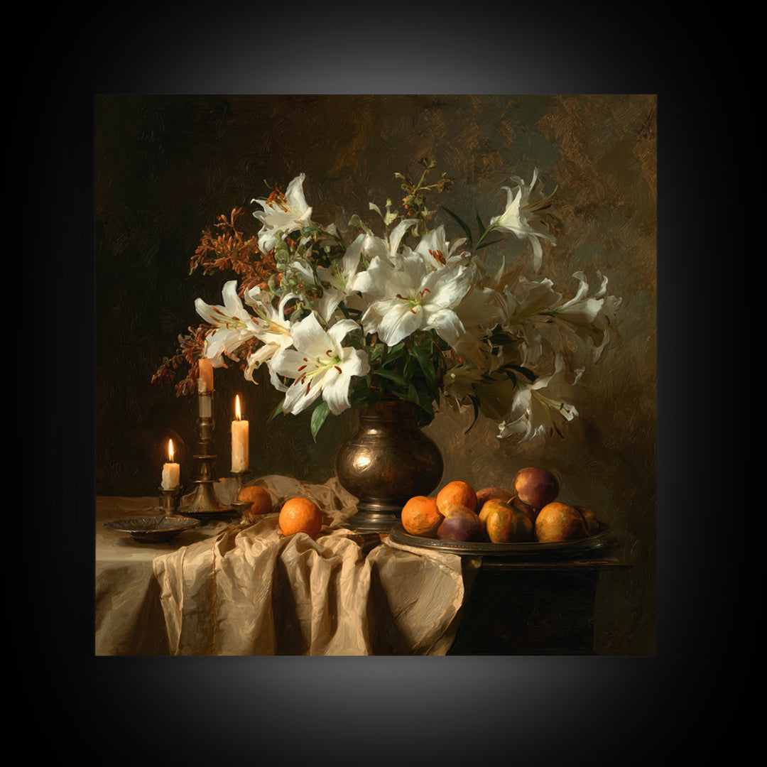 Dramatic White Lilies Canvas Print, Baroque Art, Portrait Painting, Living Room Decor, Fine Art, Ornate, Neutral Decor, BAO-1x1-60