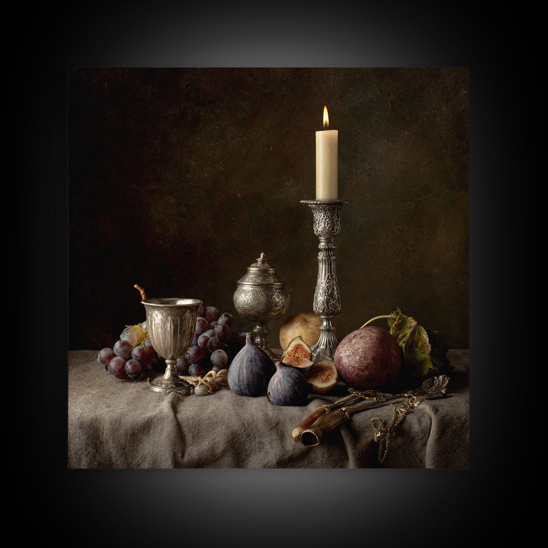Candlelit Table with Silver Goblet and Figs Canvas Print, Baroque Art, Room Decor Aesthetic, Living Room Decor, Ornate, BAO-1x1-61