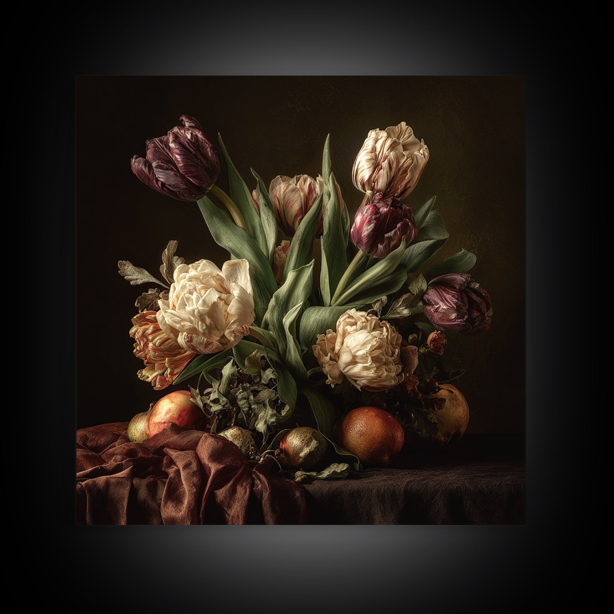 Black Background Tulips Framed Canvas Print, Baroque Art, Living Room Wall Art, Living Room Decor, Ornate, Art Nouveau Decor, BAO-1x1-64