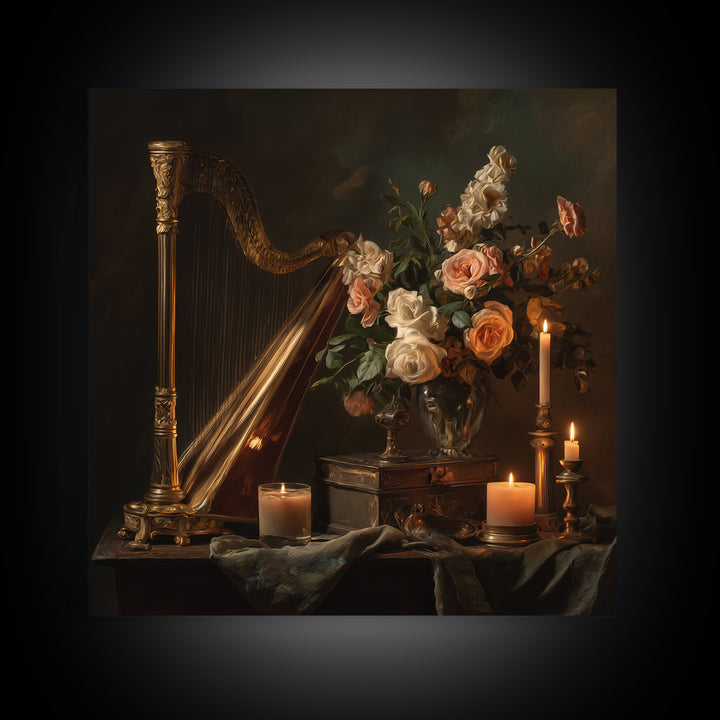 Golden Harp and Roses Framed Canvas Print, Baroque Art, Modern Wall Art, Living Room Decor, Abstract Art, Ornate, Feminist Art, BAO-1x1-66