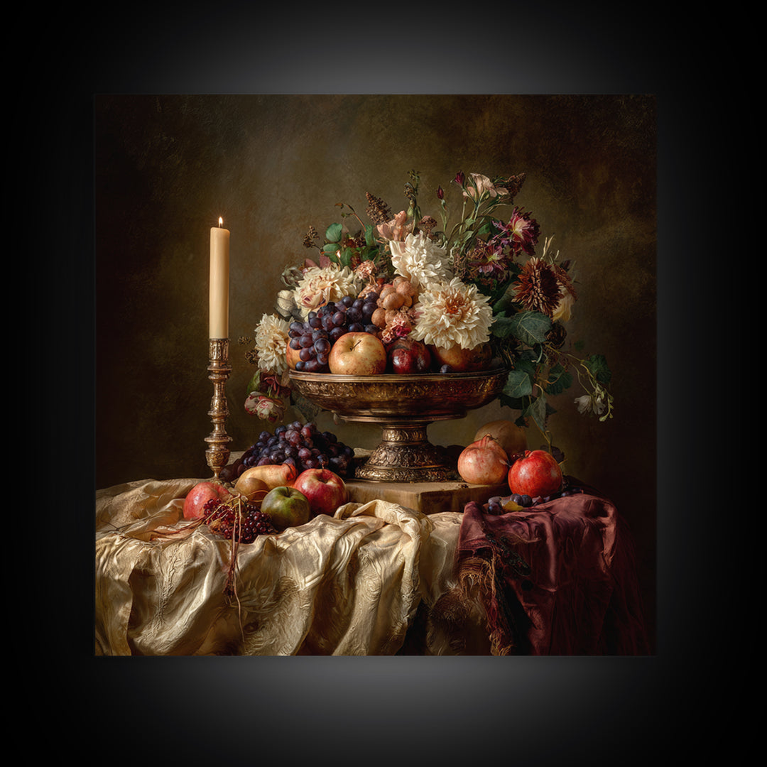 Lavish Banquet Fruit Composition Framed Canvas Print, Baroque Art, Dark Academia Art, Living Room Decor, Fine Art, Ornate, BAO-1x1-68