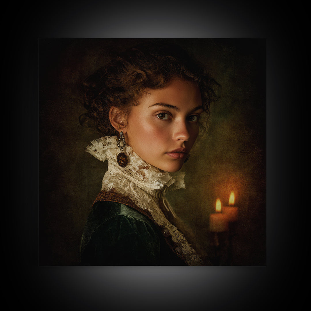 Classical Portrait with Lace Collar and Jewel Framed Canvas Print, Baroque Art, Oil Painting, Living Room Decor, Ornate, BAO-1x1-7