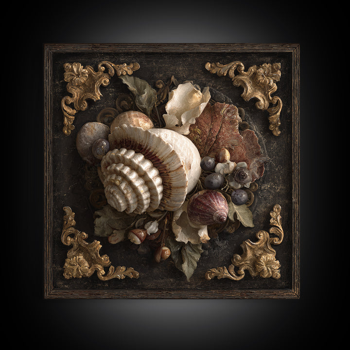 Ornamental Shell and Pearl Composition Framed Canvas Print, Baroque Art, Living Room Wall Art, Living Room Decor, Ornate, BAO-1x1-70