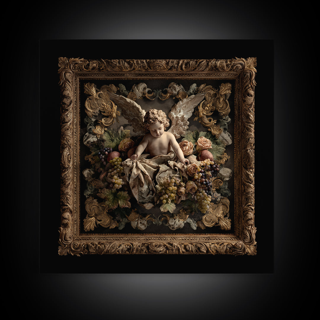 Ornate Cherub Figure Surrounded by Clouds and Canvas Print, Baroque Art, Dark Academia Art, Living Room Decor, Ornate, BAO-1x1-74