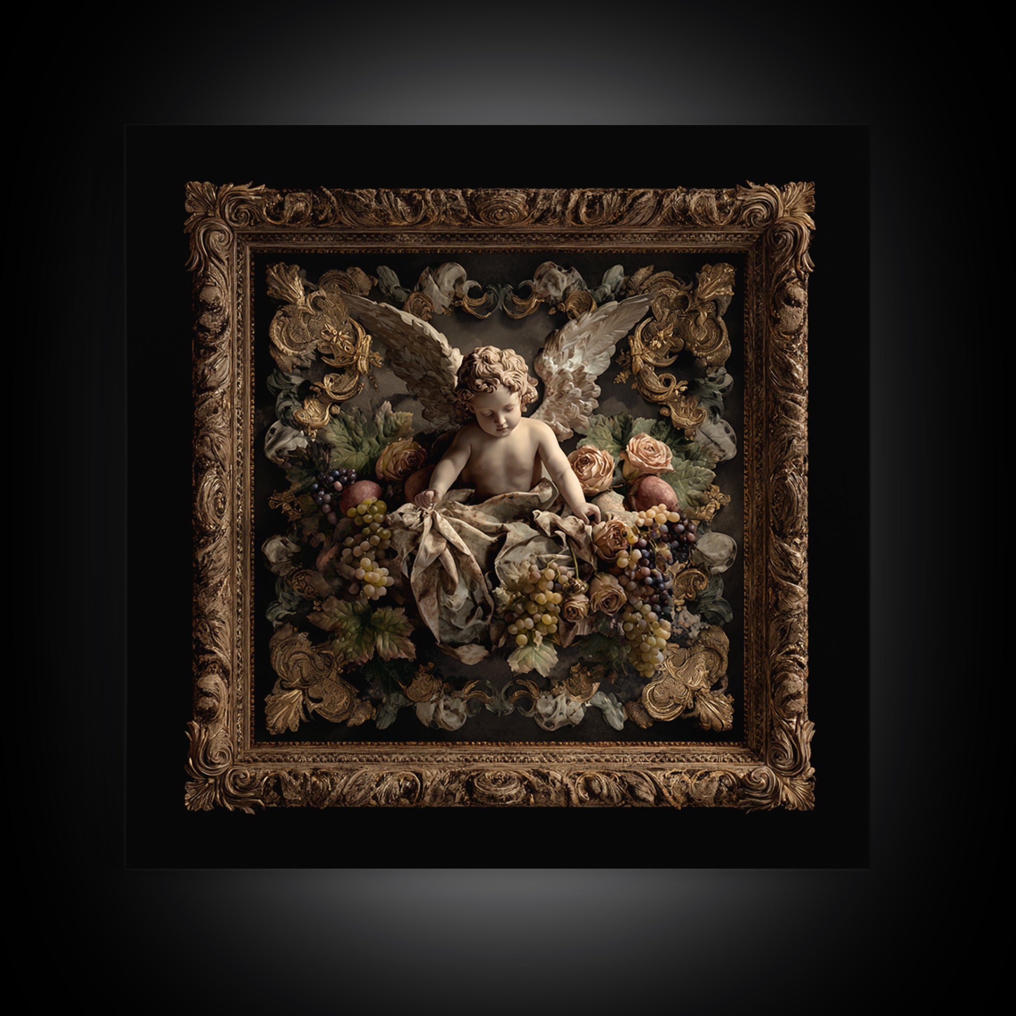Ornate Cherub Figure Surrounded by Clouds and Canvas Print, Baroque Art, Dark Academia Art, Living Room Decor, Ornate, BAO-1x1-74