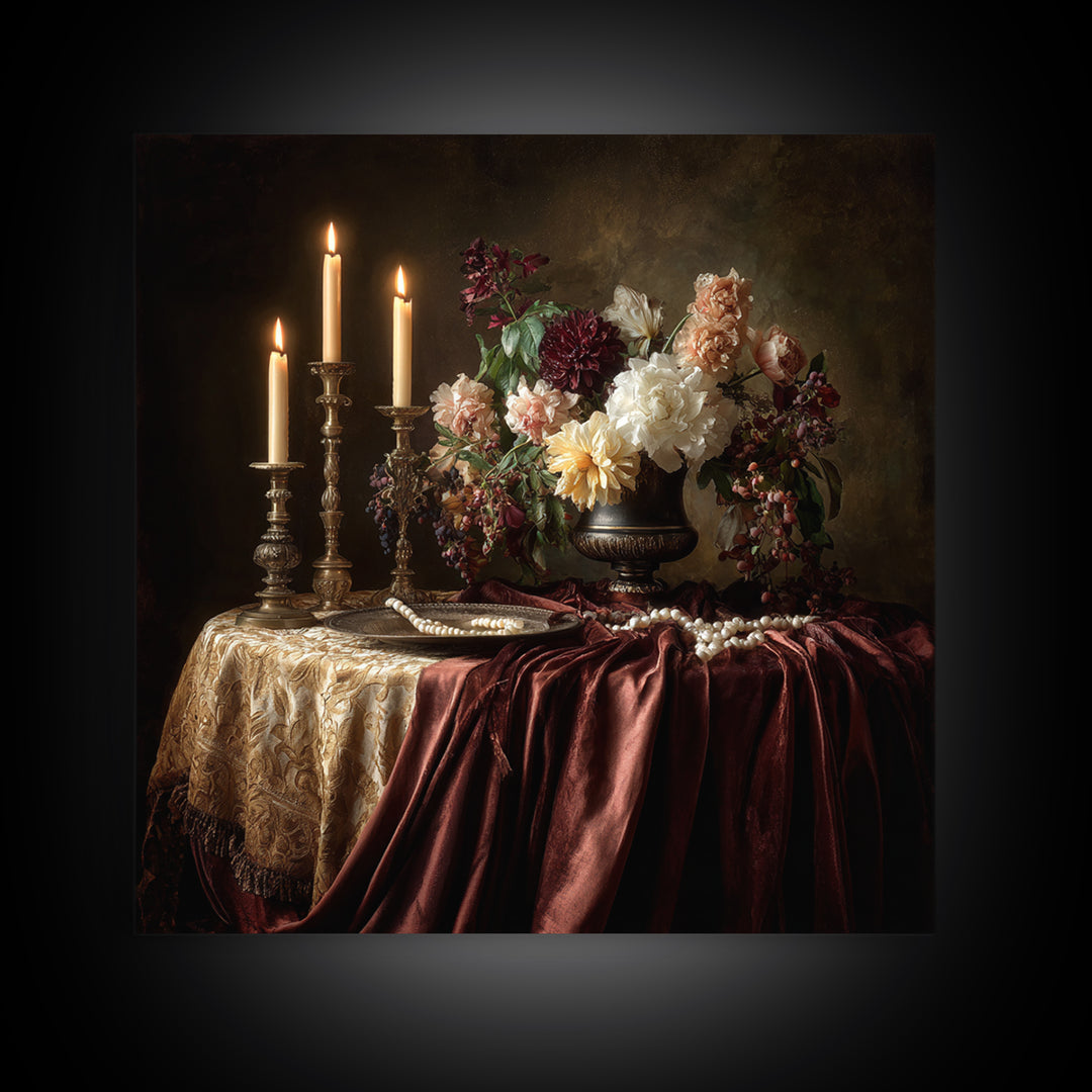 Velvet Drapery with Pearls Flowers and Candlelight Canvas Print, Baroque Art, Baroque, Living Room Decor, Fine Art, Ornate, BAO-1x1-75