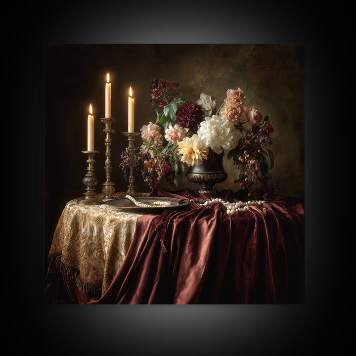 Velvet Drapery with Pearls Flowers and Candlelight Canvas Print, Baroque Art, Baroque, Living Room Decor, Fine Art, Ornate, BAO-1x1-75