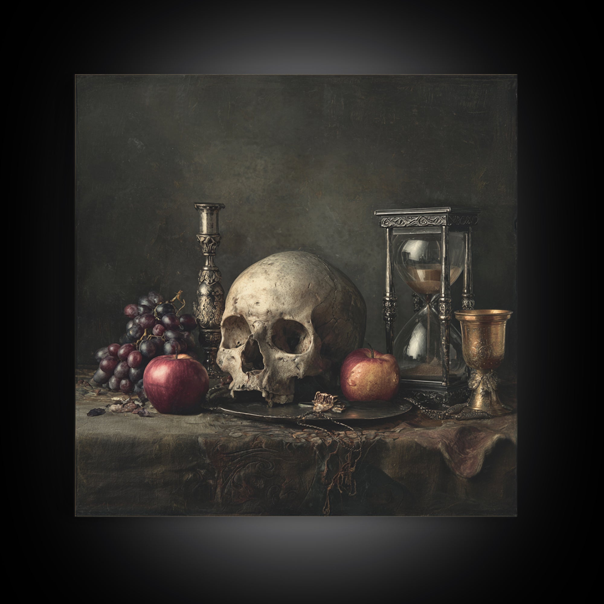 Skull and Hourglass Vanitas Still Life Canvas Print, Baroque Art, Art Nouveau Decor, Living Room Decor, Fine Art, Ornate, BAO-1x1-77