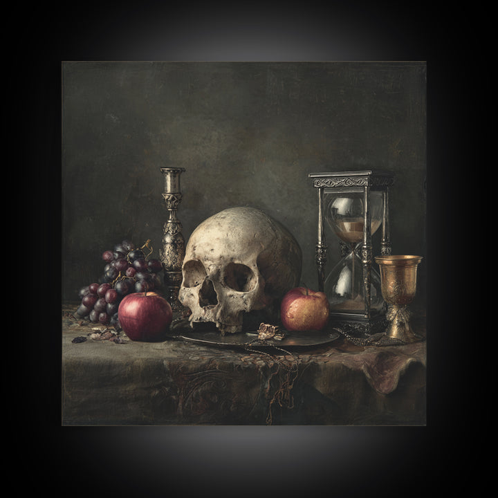 Skull and Hourglass Vanitas Still Life Canvas Print, Baroque Art, Art Nouveau Decor, Living Room Decor, Fine Art, Ornate, BAO-1x1-77