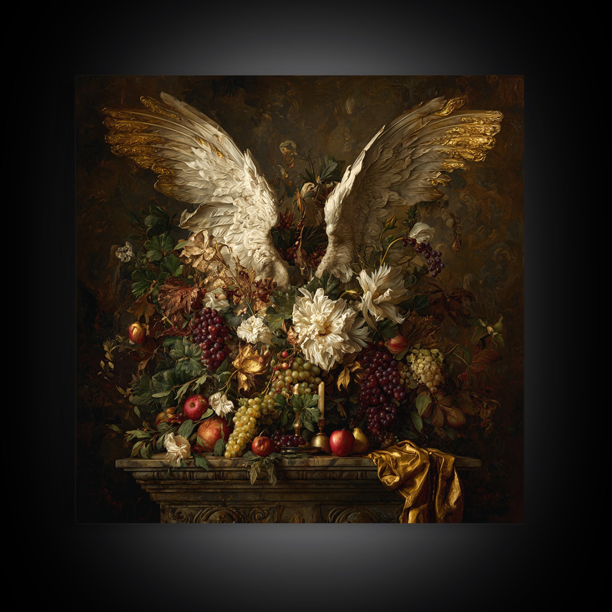 Gilded Angel Wings Emerging from Storm Clouds Framed Canvas Print, Baroque Art, Maximalist Decor, Living Room Decor, Ornate, BAO-1x1-78