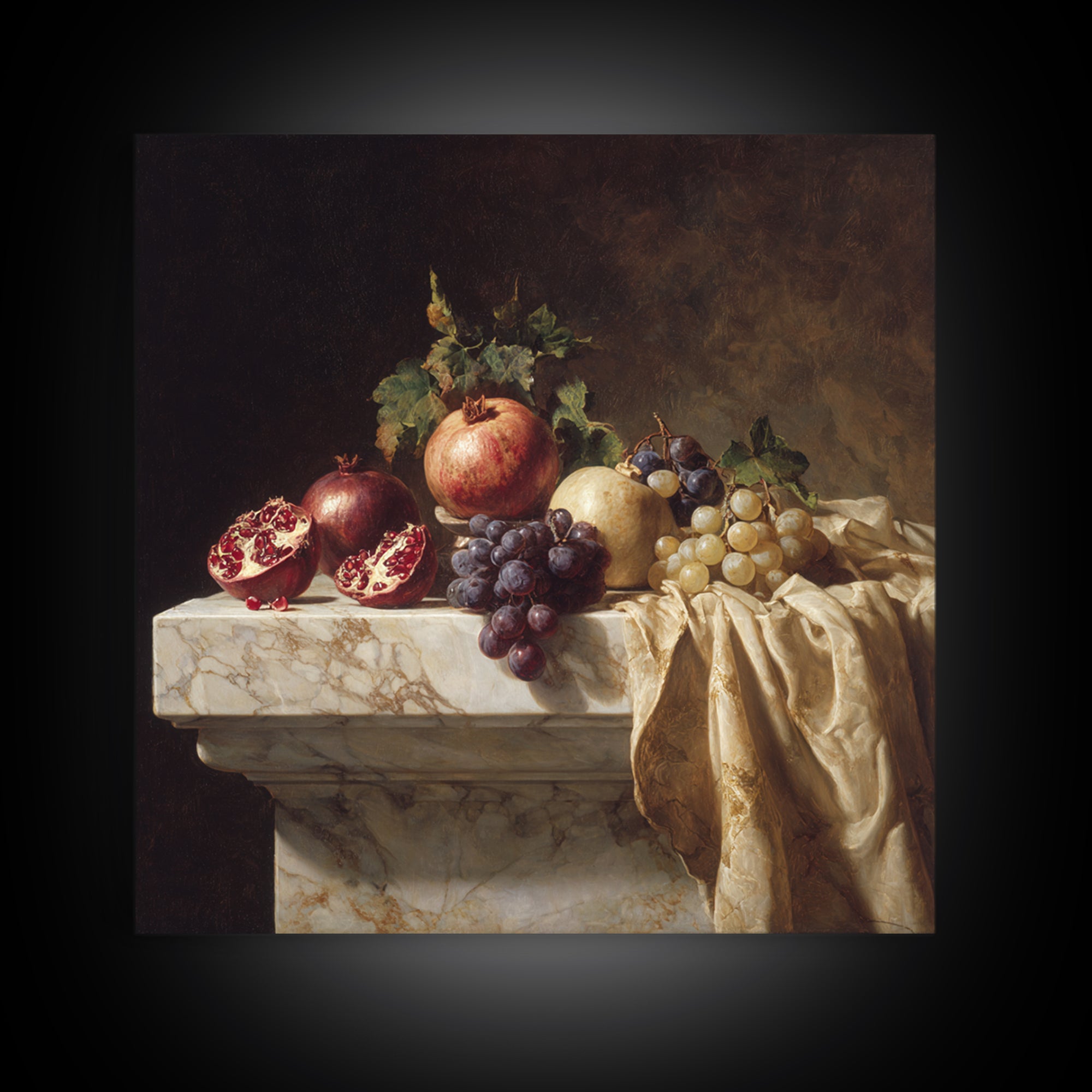 Pomegranate and Grapes on a Marble Ledge Framed Canvas Print, Baroque Art, Digital Wall Art, Living Room Decor, Ornate, BAO-1x1-8