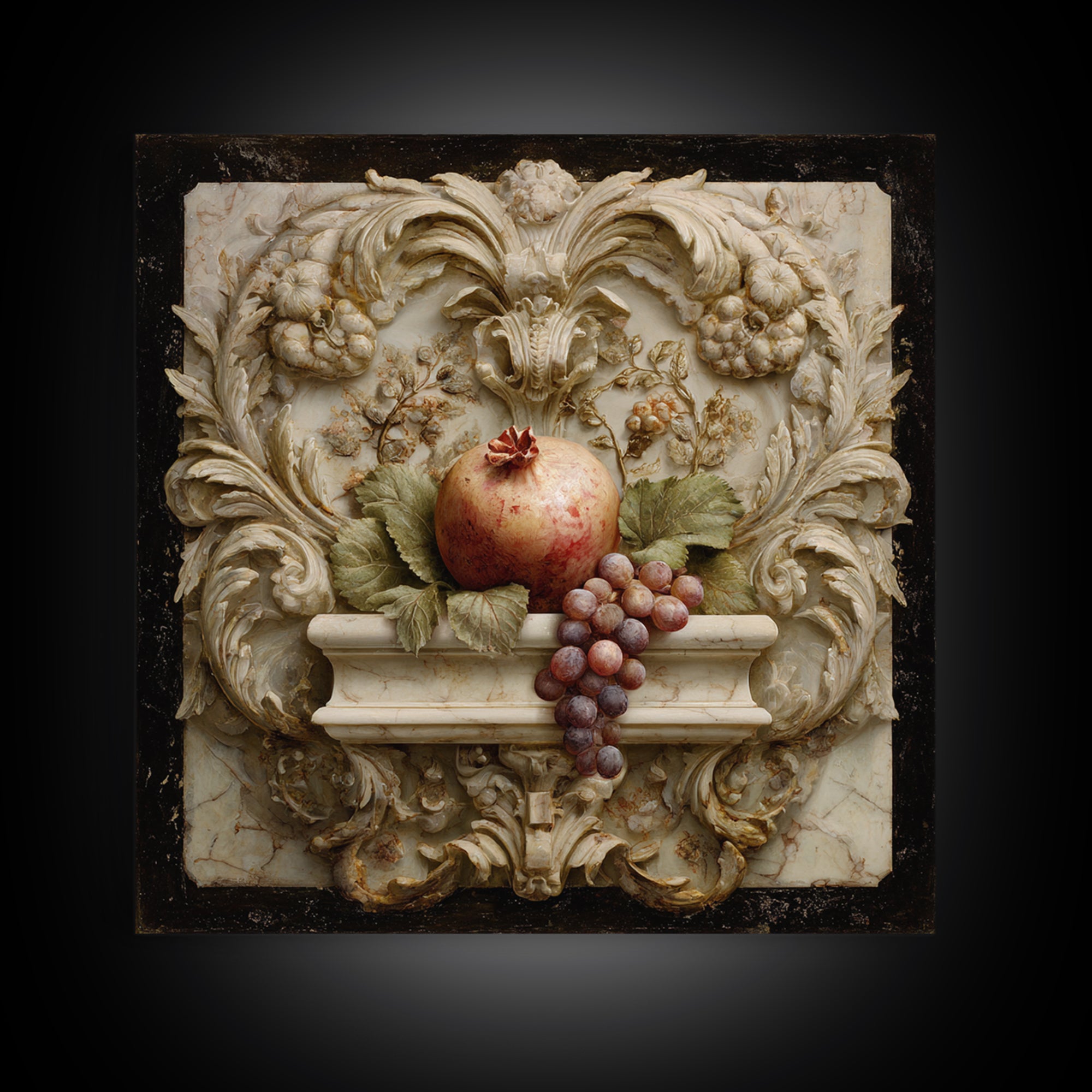 Pomegranate and Grapes on a Marble Ledge Framed Canvas Print, Baroque Art, Home Decor, Living Room Decor, Fine Art, Ornate, BAO-1x1-80