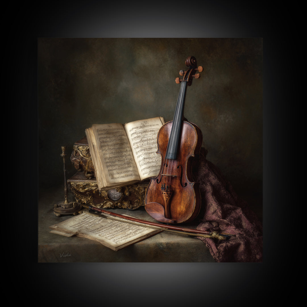Baroque Violin and Sheet Music Still Life Framed Canvas Print, Baroque Art, Home Decor, Living Room Decor, Fine Art, Ornate, BAO-1x1-83
