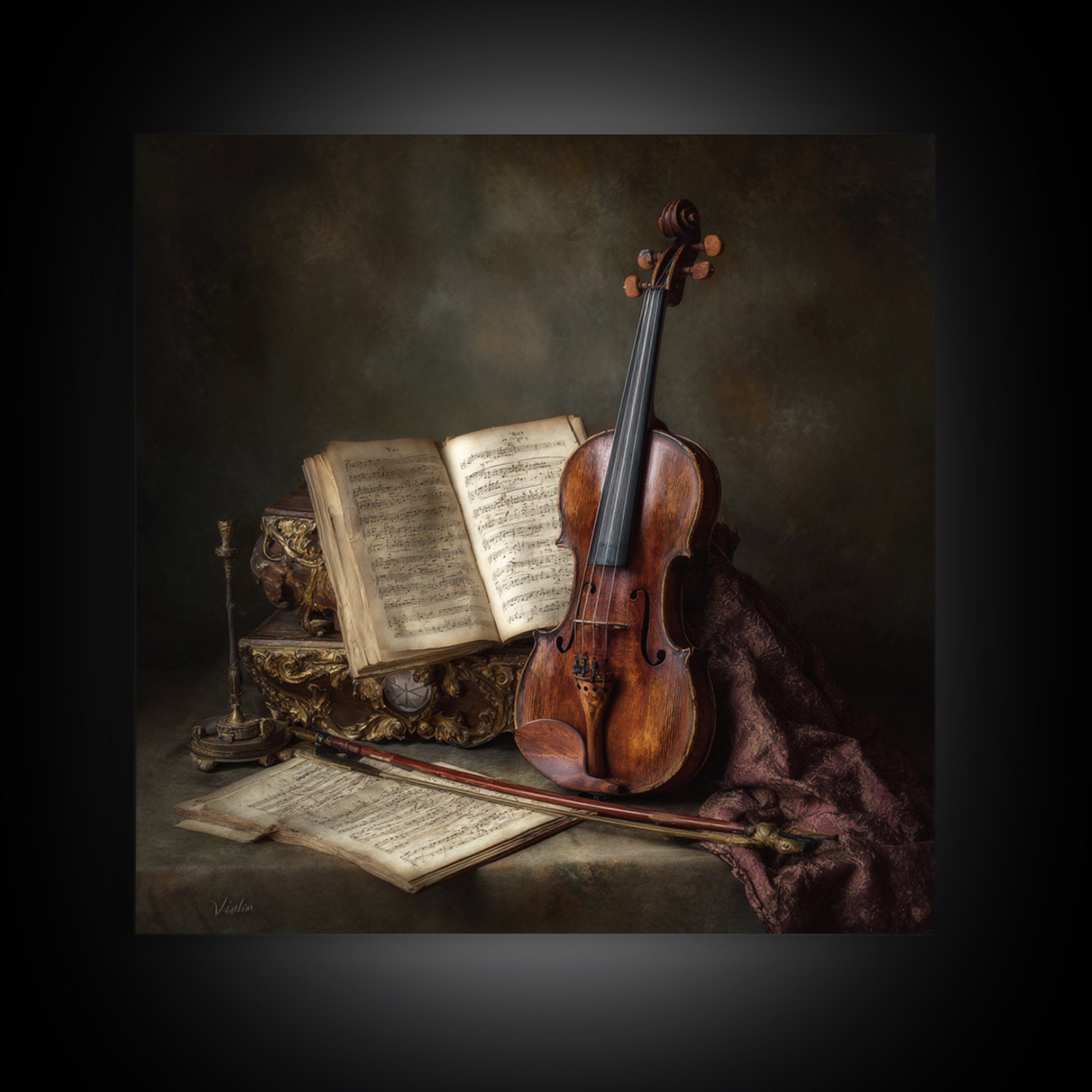 Baroque Violin and Sheet Music Still Life Framed Canvas Print, Baroque Art, Home Decor, Living Room Decor, Fine Art, Ornate, BAO-1x1-83