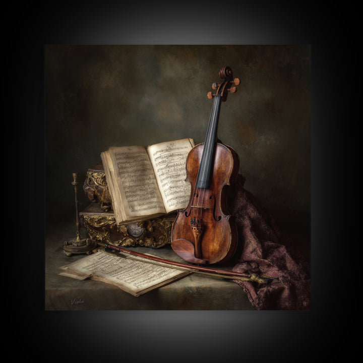Baroque Violin and Sheet Music Still Life Framed Canvas Print, Baroque Art, Home Decor, Living Room Decor, Fine Art, Ornate, BAO-1x1-83