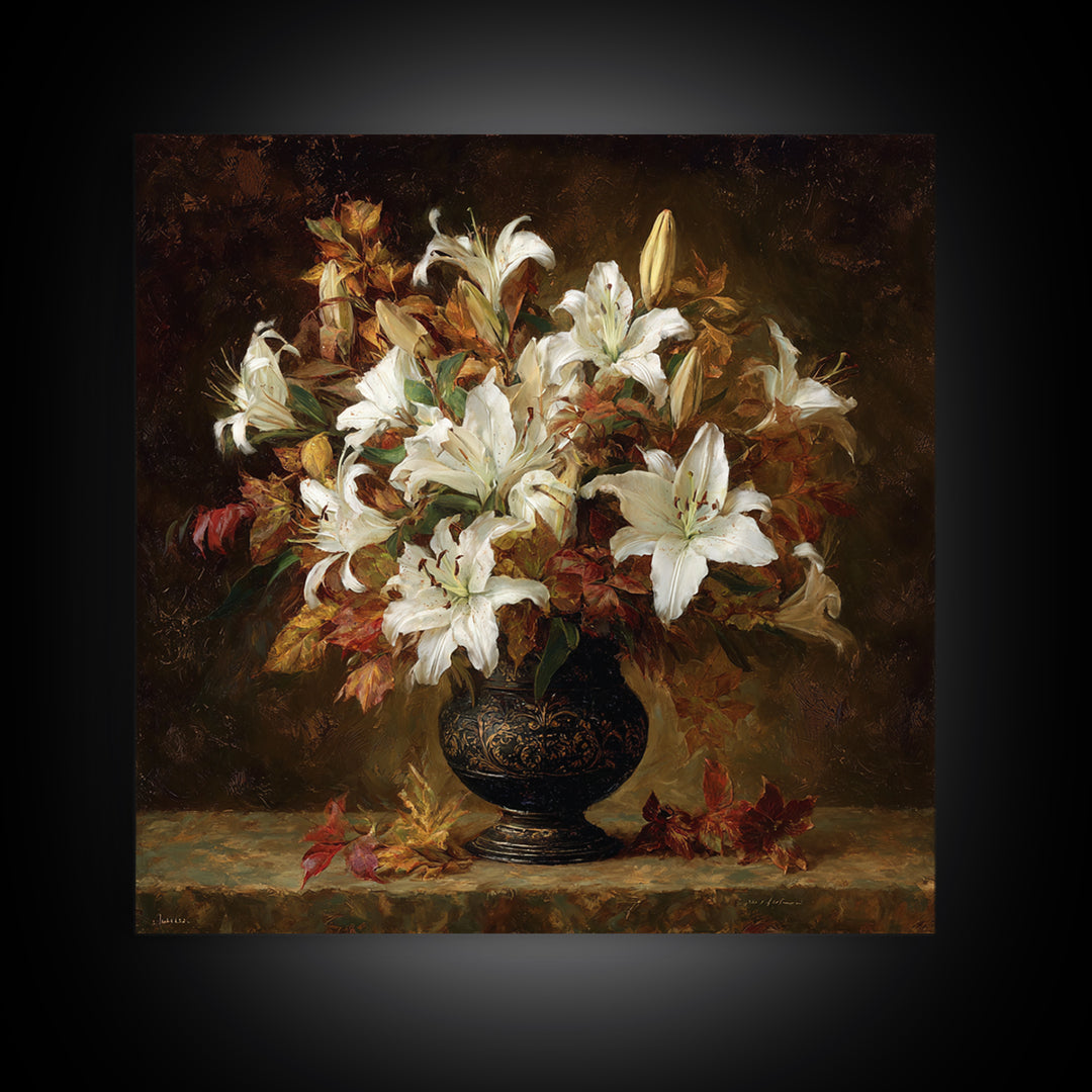 Dramatic White Lilies Framed Canvas Print, Baroque Art, Maximalist Wall Art, Living Room Decor, Abstract Art, Ornate, BAO-1x1-84