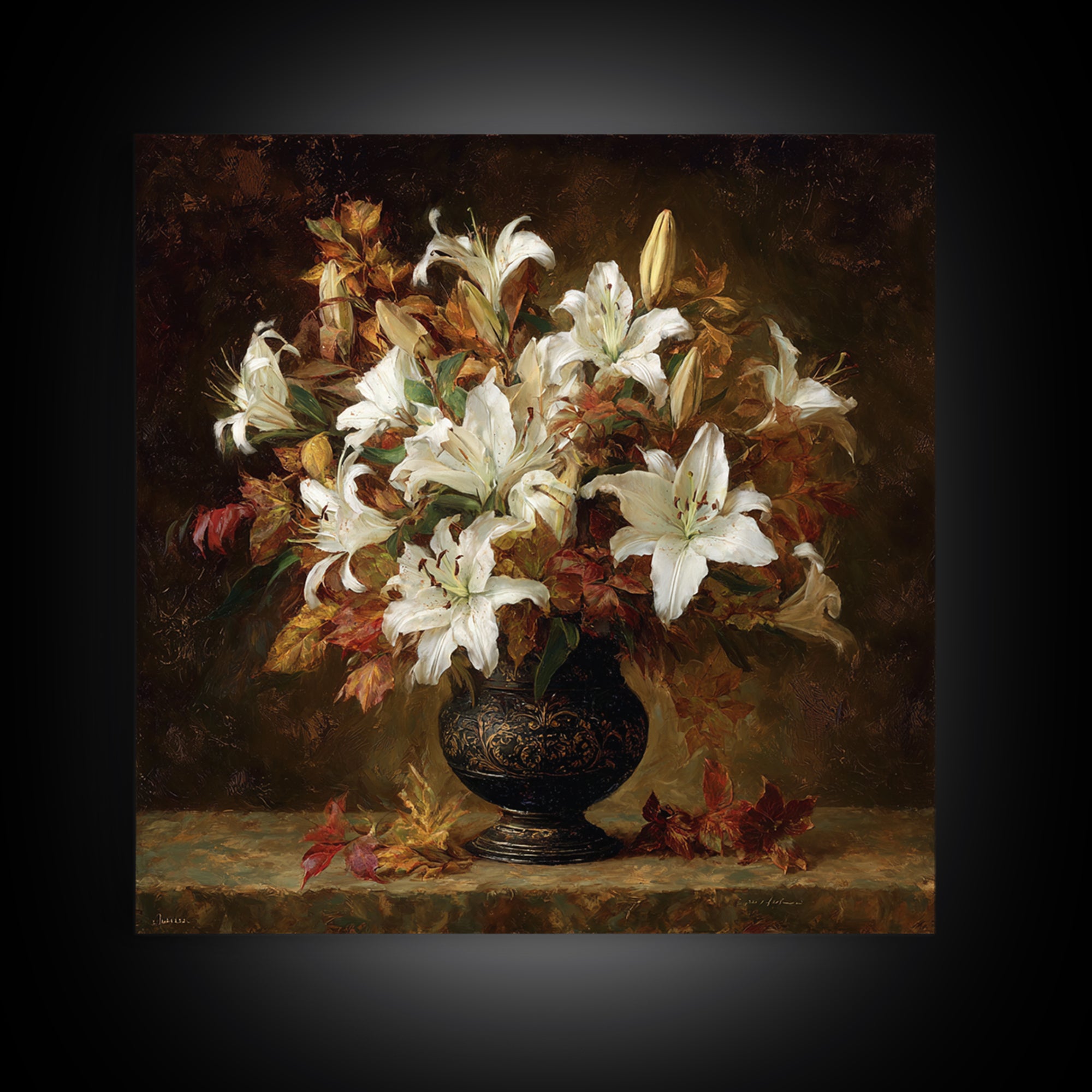 Dramatic White Lilies Framed Canvas Print, Baroque Art, Maximalist Wall Art, Living Room Decor, Abstract Art, Ornate, BAO-1x1-84