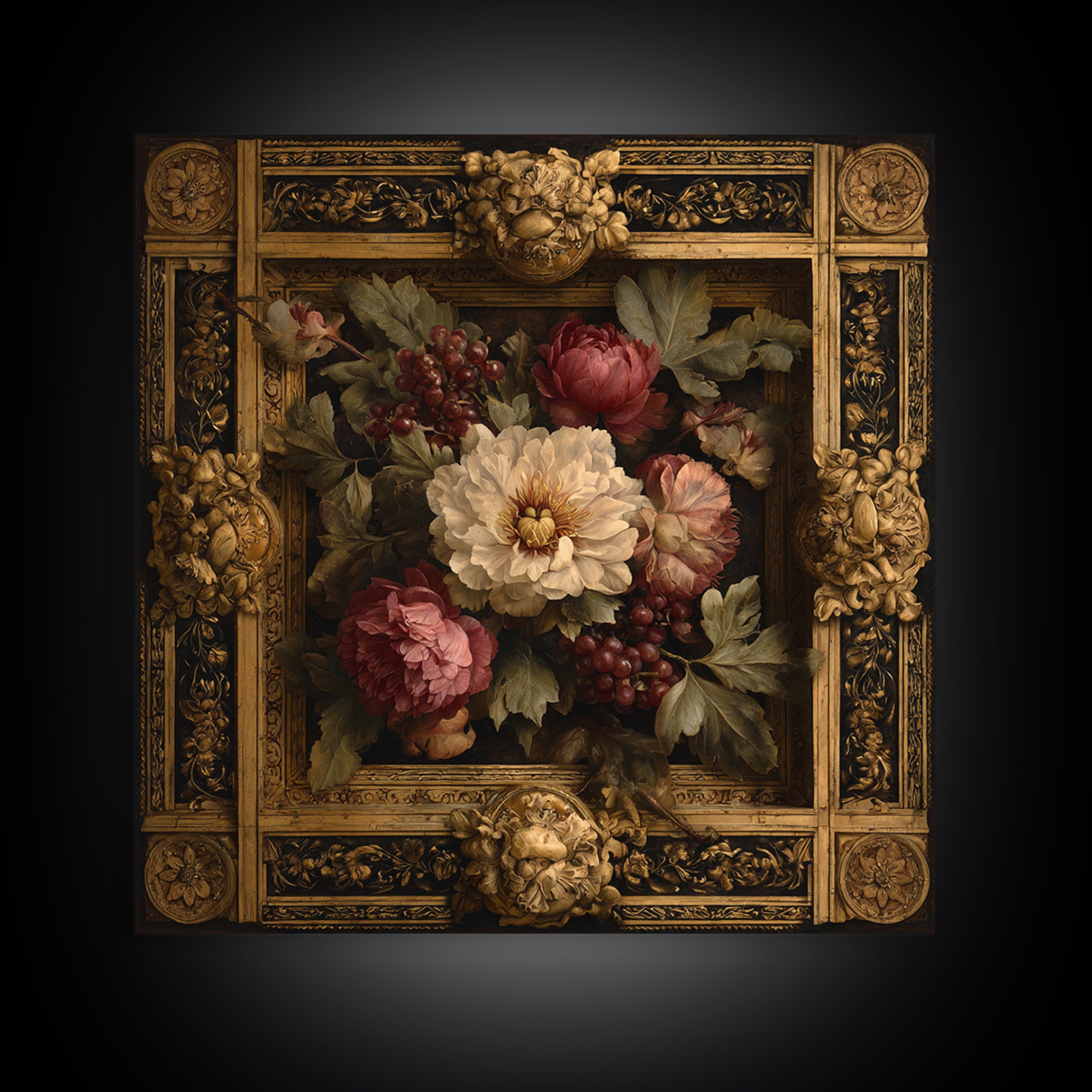 Ornate Gold Frame Illusion Around a Botanical Canvas Print, Baroque Art, Minimalist Wall Art, Living Room Decor, Ornate, BAO-1x1-9