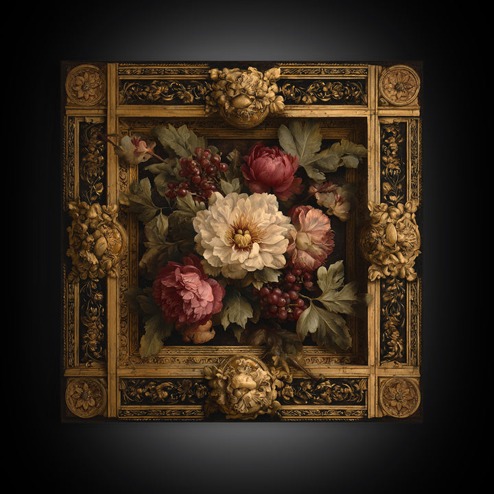 Ornate Gold Frame Illusion Around a Botanical Canvas Print, Baroque Art, Minimalist Wall Art, Living Room Decor, Ornate, BAO-1x1-9