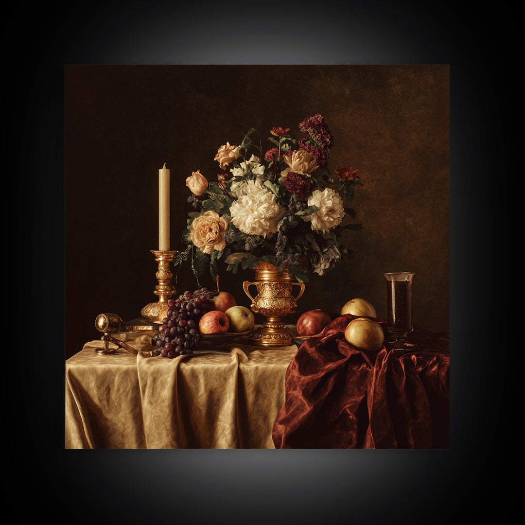 Golden Harp and Roses Canvas Print, Baroque Art, Portrait Painting, Living Room Decor, Fine Art, Ornate, Neutral Decor, BAO-1x1-90