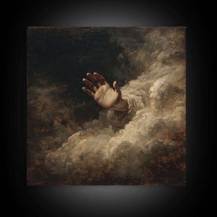 Angelic Hand Reaching Through Clouds Framed Canvas Print, Baroque Art, Maximalist Wall Art, Living Room Decor, Oil Painting, BAO-1x1-93
