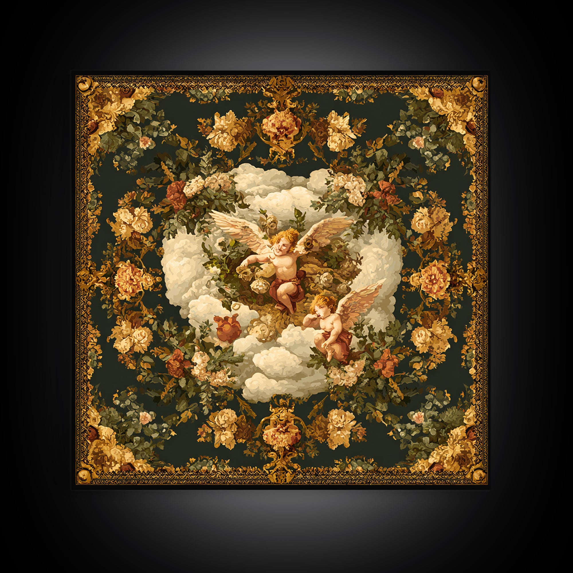 Ornate Cherub Figure Surrounded by Clouds and Canvas Print, Baroque Art, Art Nouveau Decor, Living Room Decor, Fine Art, Ornate, BAO-1x1-98