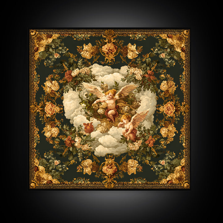 Ornate Cherub Figure Surrounded by Clouds and Canvas Print, Baroque Art, Art Nouveau Decor, Living Room Decor, Fine Art, Ornate, BAO-1x1-98