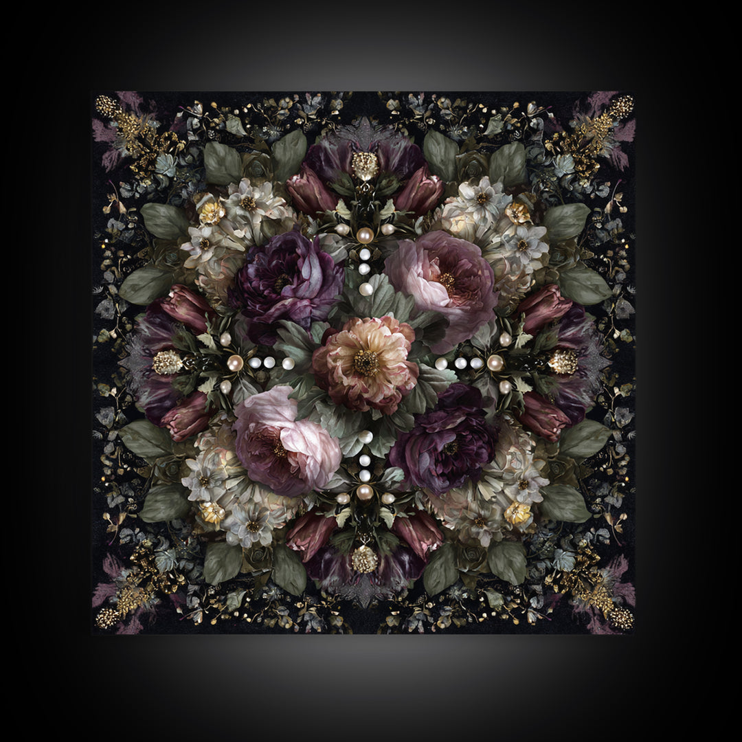 Velvet Drapery with Pearls Flowers and Candlelight Canvas Print, Baroque Art, Living Room Decor, Oil Painting, Ornate, BAO-1x1-99