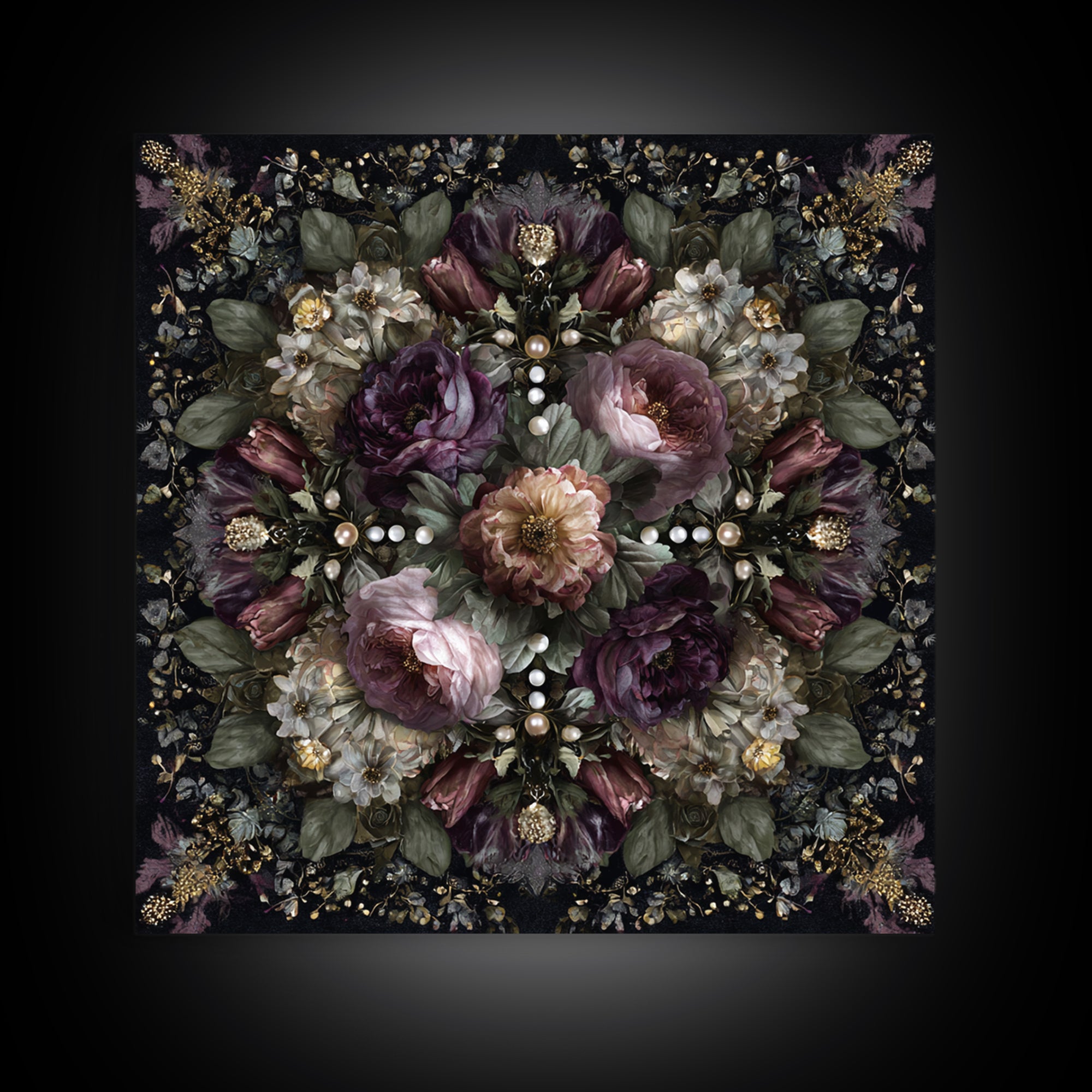 Velvet Drapery with Pearls Flowers and Candlelight Canvas Print, Baroque Art, Living Room Decor, Oil Painting, Ornate, BAO-1x1-99