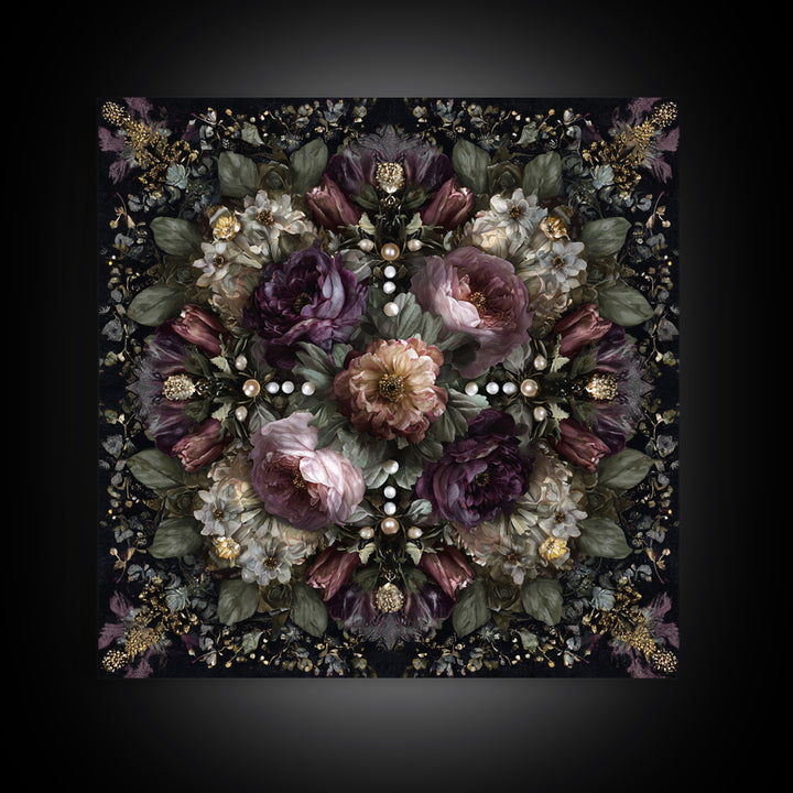 Velvet Drapery with Pearls Flowers and Candlelight Canvas Print, Baroque Art, Living Room Decor, Oil Painting, Ornate, BAO-1x1-99