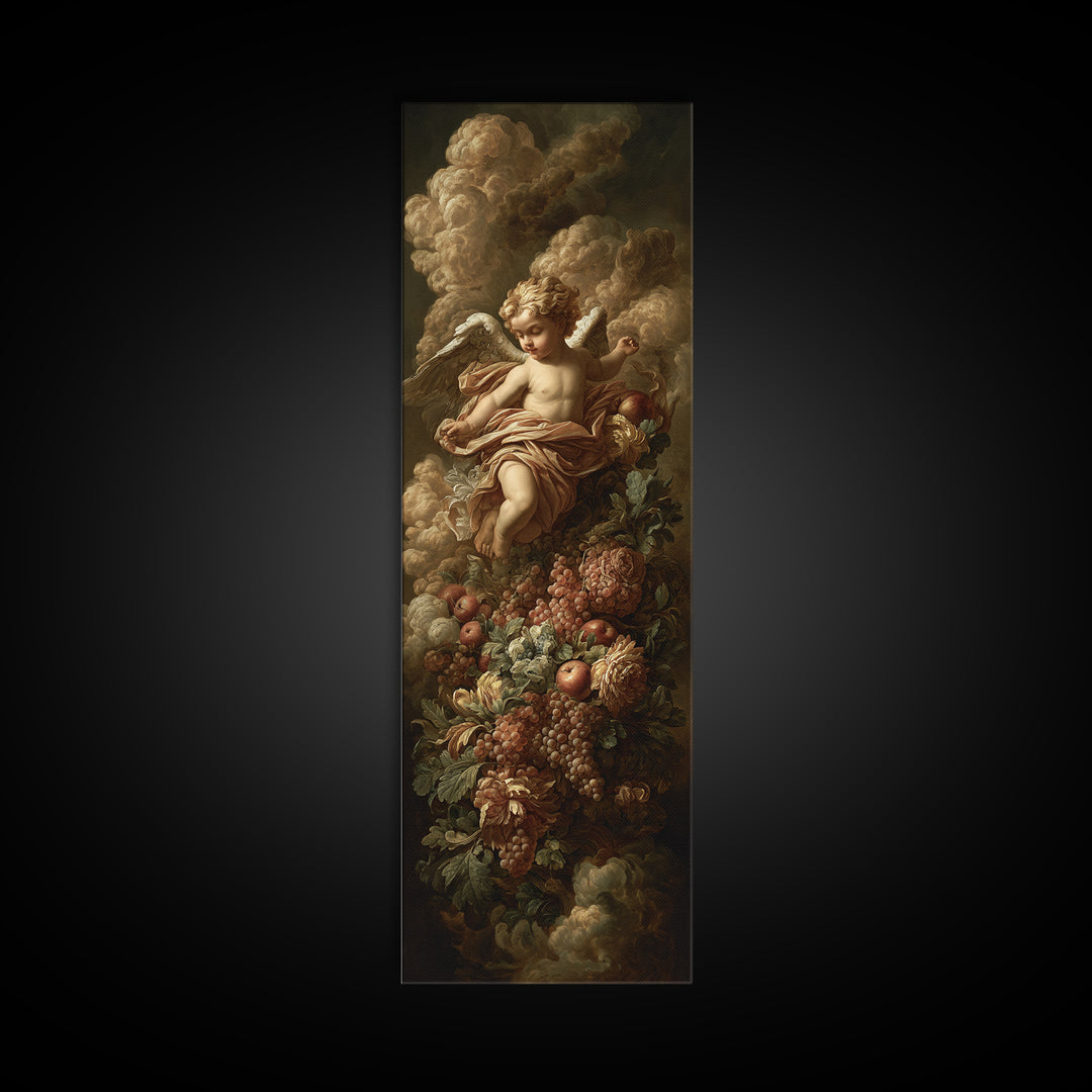 Ornate Cherub Figure Surrounded by Clouds and Canvas Print, Baroque Art, Moody Wall Art, Living Room Decor, Fine Art, Ornate, BAO-1x3-14