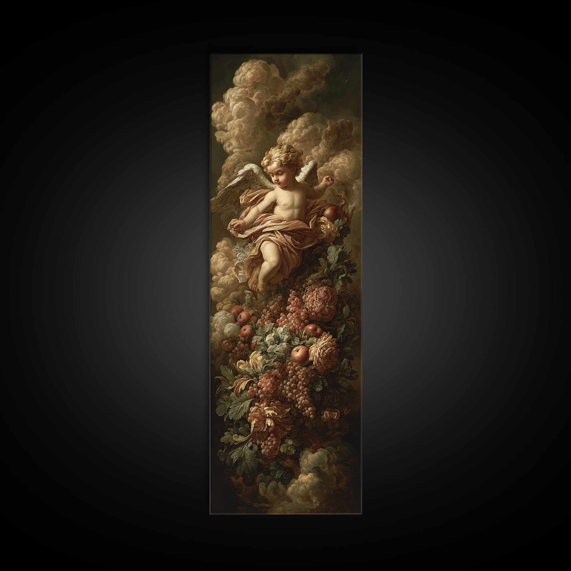 Ornate Cherub Figure Surrounded by Clouds and Canvas Print, Baroque Art, Moody Wall Art, Living Room Decor, Fine Art, Ornate, BAO-1x3-14