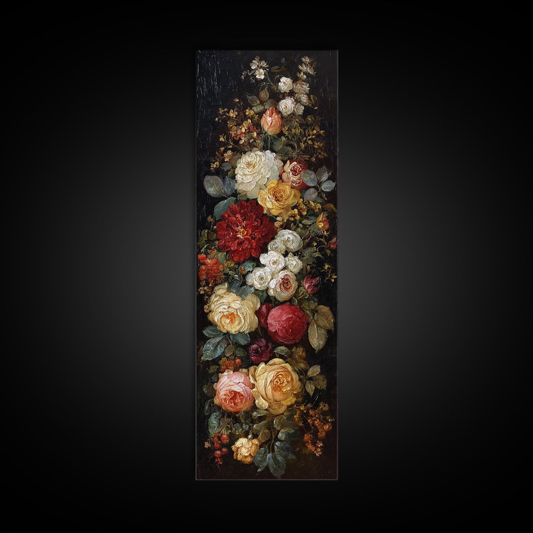 Dark Floral Arrangement Canvas Print, Baroque Art, Gallery Wall, Living Room Decor, Ornate, Neutral Decor, Modern Decor, BAO-1x3-16