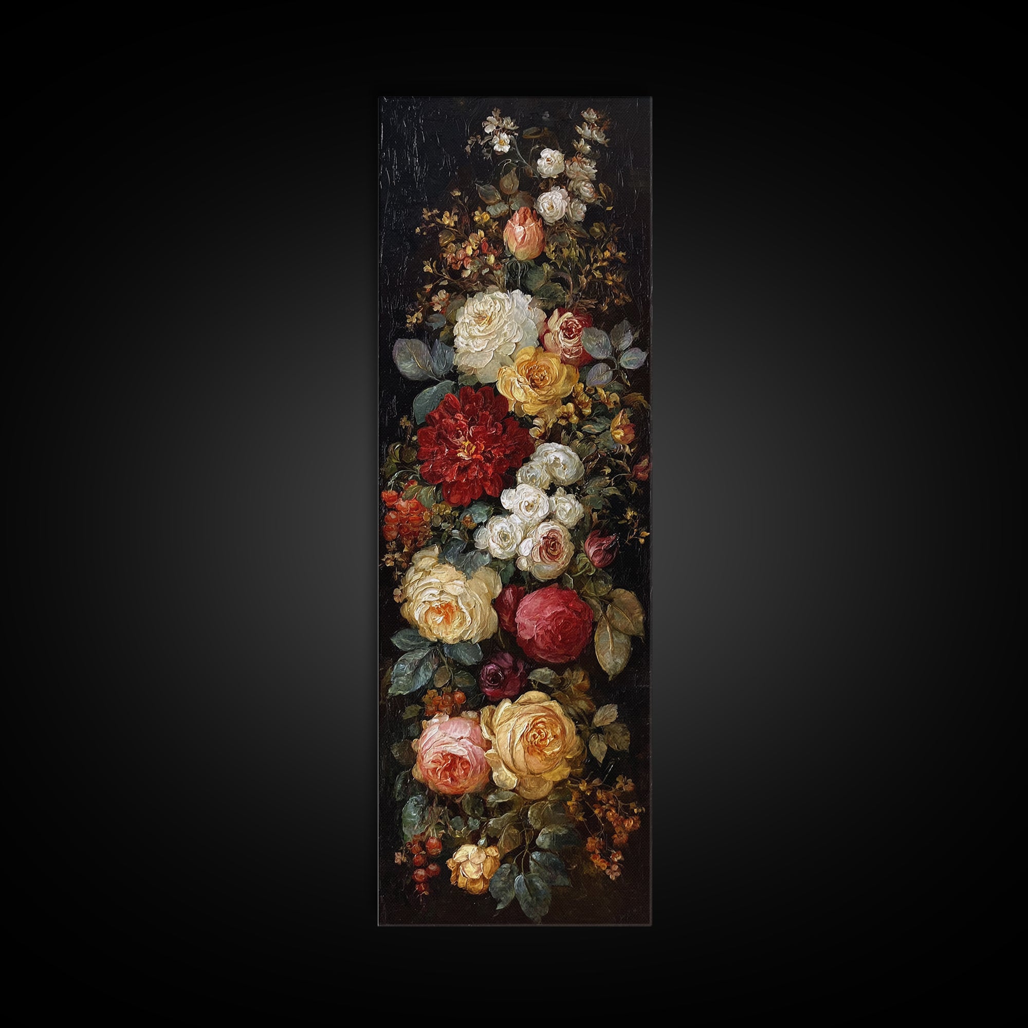 Dark Floral Arrangement Canvas Print, Baroque Art, Gallery Wall, Living Room Decor, Ornate, Neutral Decor, Modern Decor, BAO-1x3-16