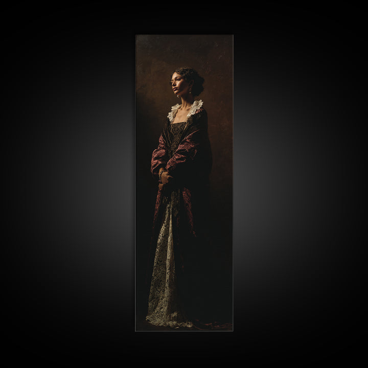 Classical Portrait with Lace Collar and Jewel Framed Canvas Print, Baroque Art, Feminist Art, Living Room Decor, Ornate, BAO-1x3-19