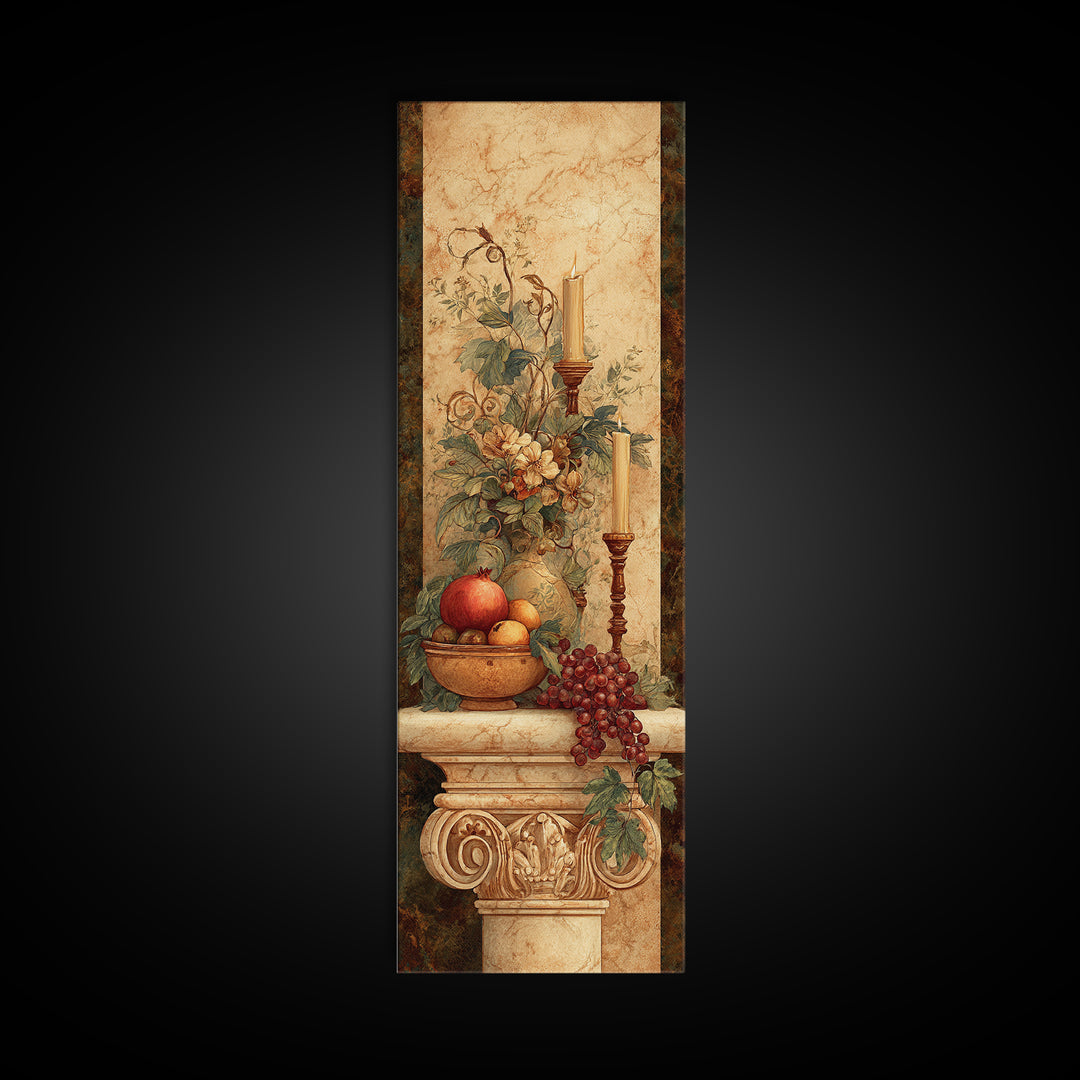 Pomegranate and Grapes on a Marble Ledge Framed Canvas Print, Baroque Art, Dark Academia Art, Living Room Decor, Ornate, BAO-1x3-20