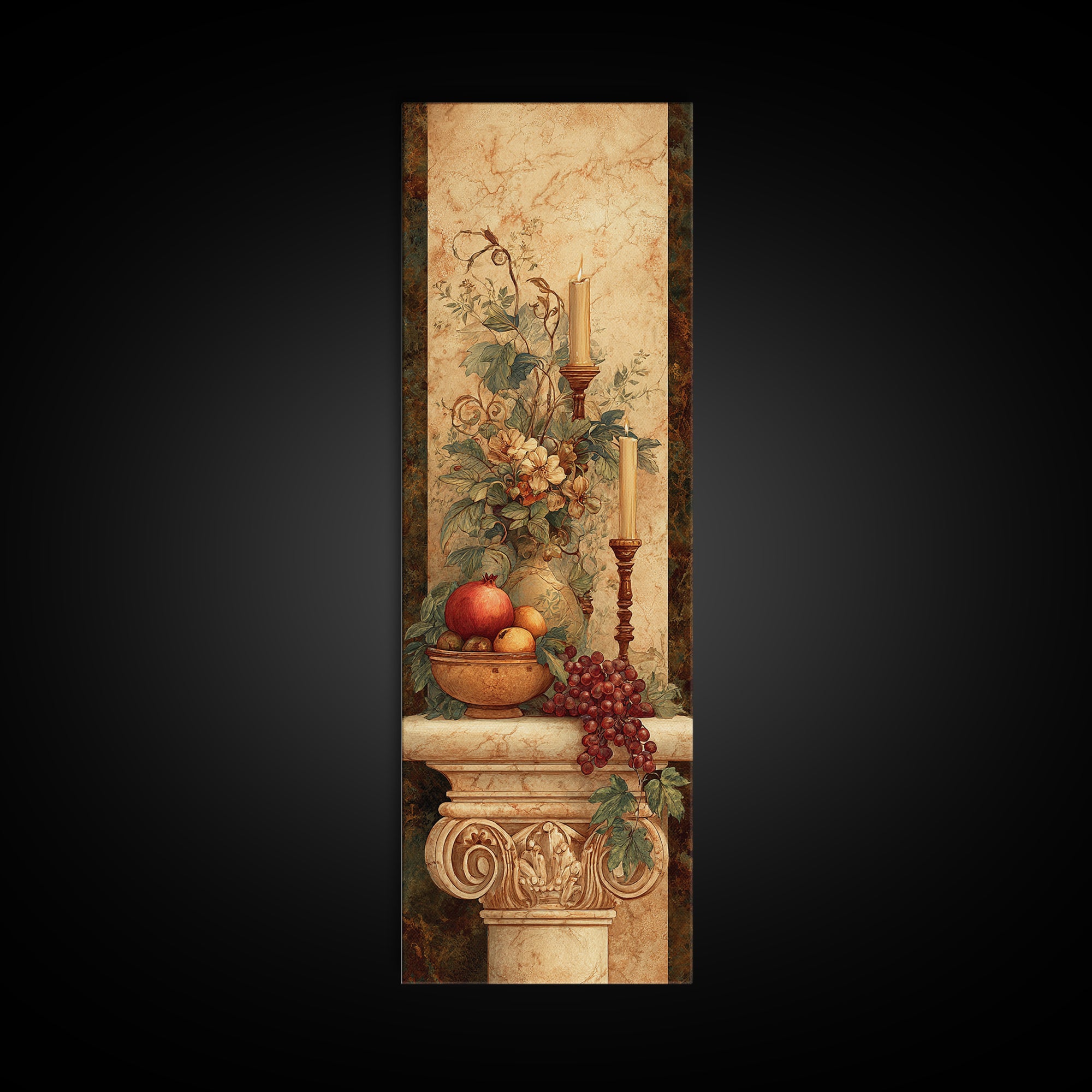 Pomegranate and Grapes on a Marble Ledge Framed Canvas Print, Baroque Art, Dark Academia Art, Living Room Decor, Ornate, BAO-1x3-20