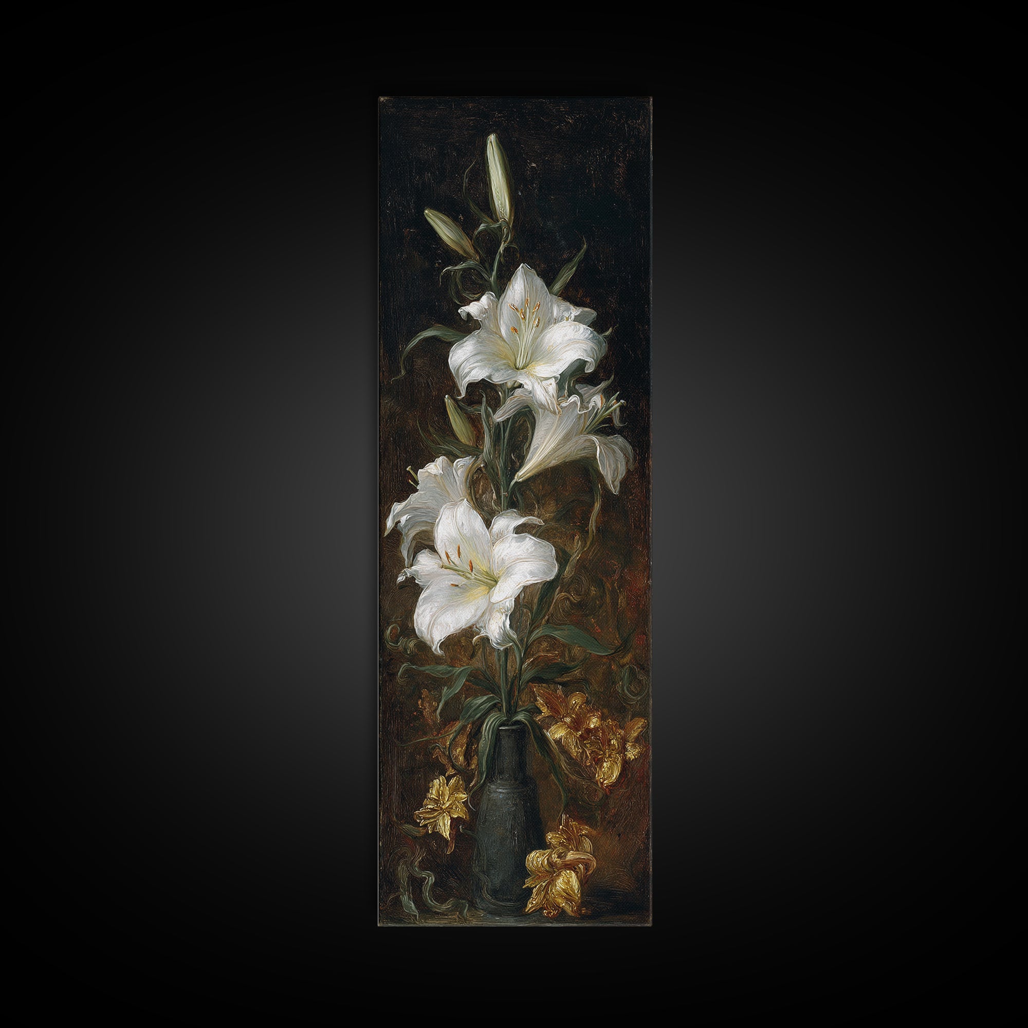 Dramatic White Lilies Framed Canvas Print, Baroque Art, Maximalist Decor, Living Room Decor, Fine Art, Ornate, Fine Art Print, BAO-1x3-24