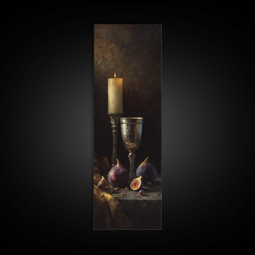 Candlelit Table with Silver Goblet and Figs Canvas Print, Baroque Art, Fine Art Print, Living Room Decor, Fine Art, Ornate, BAO-1x3-25