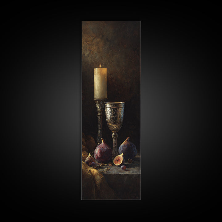 Candlelit Table with Silver Goblet and Figs Canvas Print, Baroque Art, Fine Art Print, Living Room Decor, Fine Art, Ornate, BAO-1x3-25