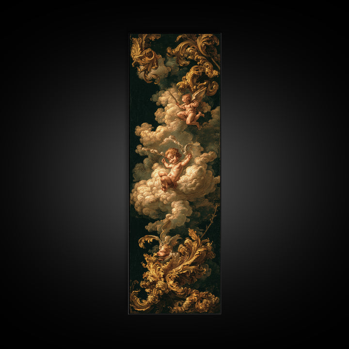 Ornate Cherub Figure Surrounded by Clouds and Canvas Print, Baroque Art, Moody Wall Art, Living Room Decor, Fine Art, Ornate, BAO-1x3-38
