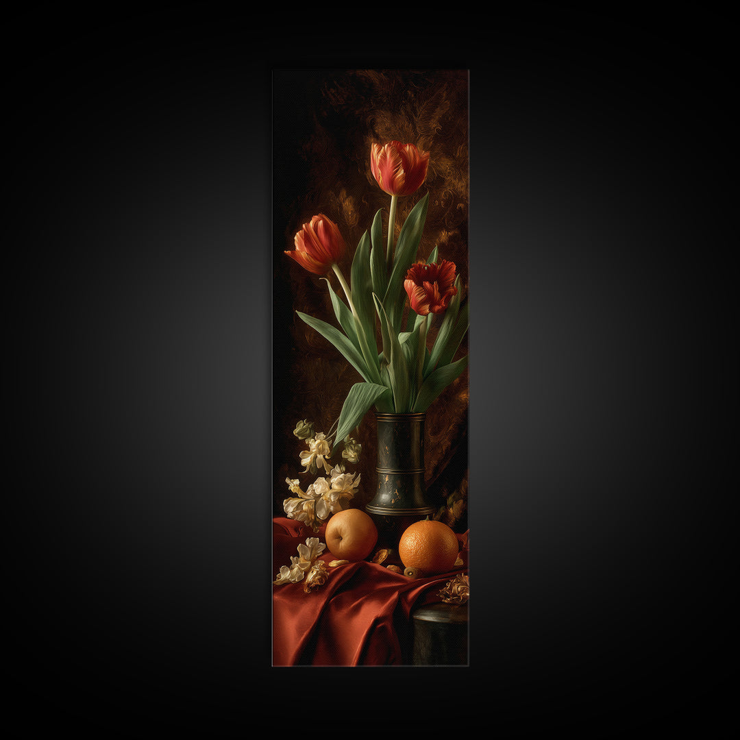 Black Background Tulips Framed Canvas Print, Baroque Art, Room Decor Aesthetic, Living Room Decor, Fine Art, Ornate, Home Decor, BAO-1x3-4