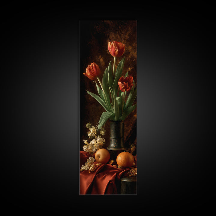 Black Background Tulips Framed Canvas Print, Baroque Art, Room Decor Aesthetic, Living Room Decor, Fine Art, Ornate, Home Decor, BAO-1x3-4