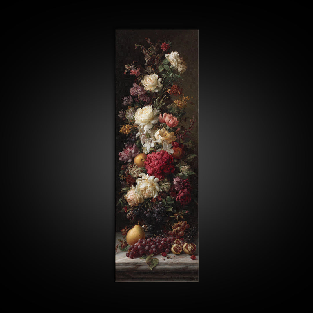 Dark Floral Arrangement Canvas Print, Baroque Art, Wall Decor, Living Room Decor, Oil Painting, Ornate, Contemporary Art, BAO-1x3-40