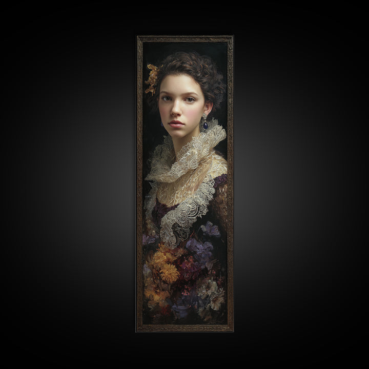 Classical Portrait with Lace Collar and Jewel Canvas Print, Baroque Art, Wall Decor, Living Room Decor, Fine Art, Ornate, BAO-1x3-43