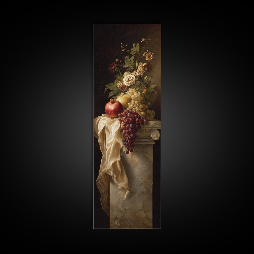 Pomegranate and Grapes on a Marble Ledge Canvas Print, Baroque Art, Art Nouveau Decor, Living Room Decor, Fine Art, Ornate, BAO-1x3-44