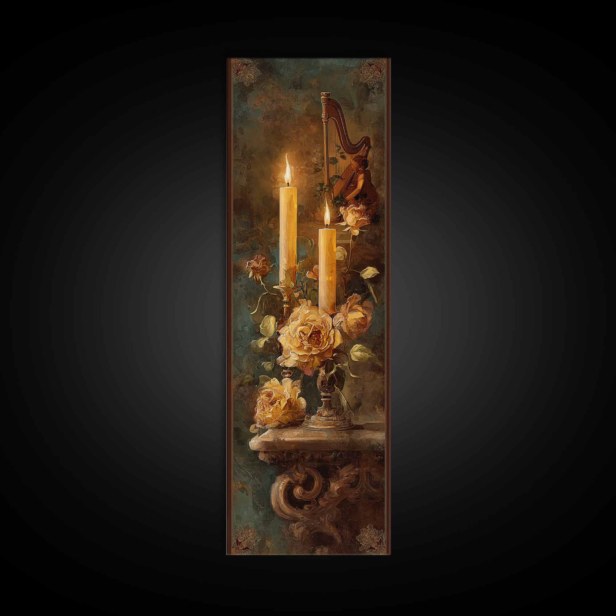Golden Harp and Roses Framed Canvas Print, Baroque Art, Modern Wall Art, Living Room Decor, Oil Painting, Ornate, Feminist Art, BAO-1x3-54