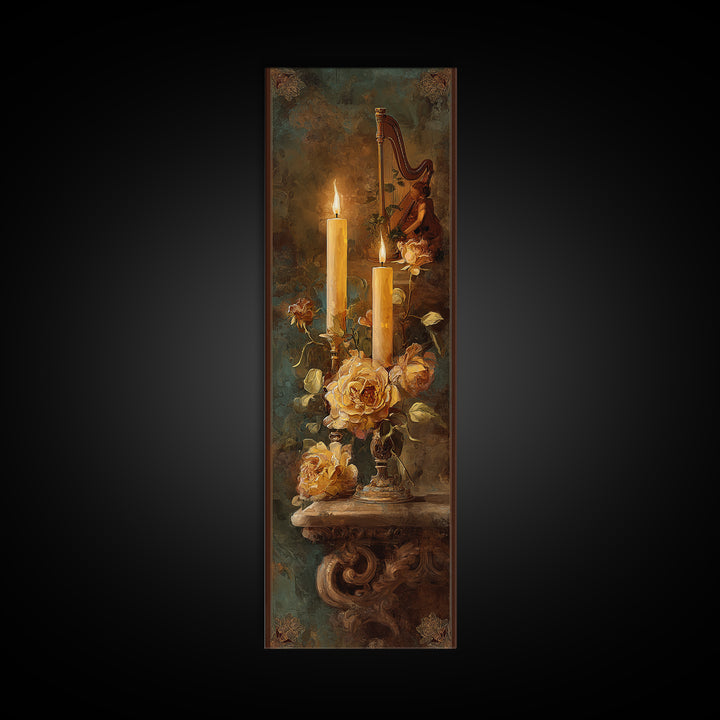 Golden Harp and Roses Framed Canvas Print, Baroque Art, Modern Wall Art, Living Room Decor, Oil Painting, Ornate, Feminist Art, BAO-1x3-54