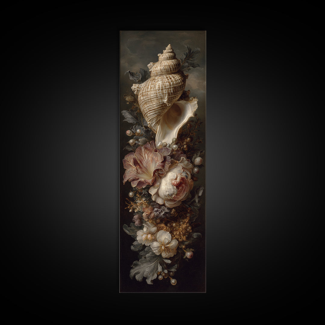 Ornamental Shell and Pearl Composition Framed Canvas Print, Baroque Art, Living Room Wall Art, Living Room Decor, BAO-1x3-58