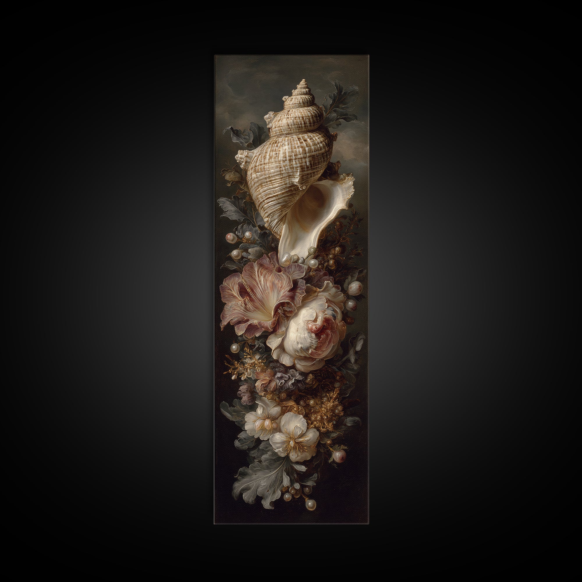 Ornamental Shell and Pearl Composition Framed Canvas Print, Baroque Art, Living Room Wall Art, Living Room Decor, BAO-1x3-58
